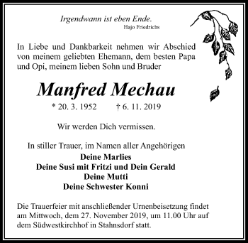 Traueranzeige von Manfred Mechau von Märkischen Allgemeine Zeitung