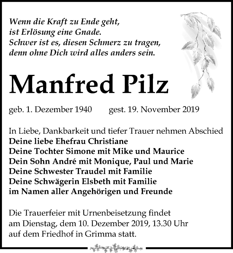  Traueranzeige für Manfred Pilz vom 30.11.2019 aus Leipziger Volkszeitung