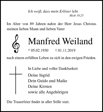 Traueranzeige von Manfred Weiland von Ostsee-Zeitung GmbH