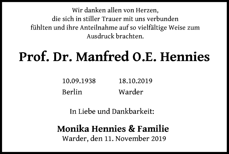  Traueranzeige für Manfred O.E. Hennies vom 12.11.2019 aus Kieler Nachrichten