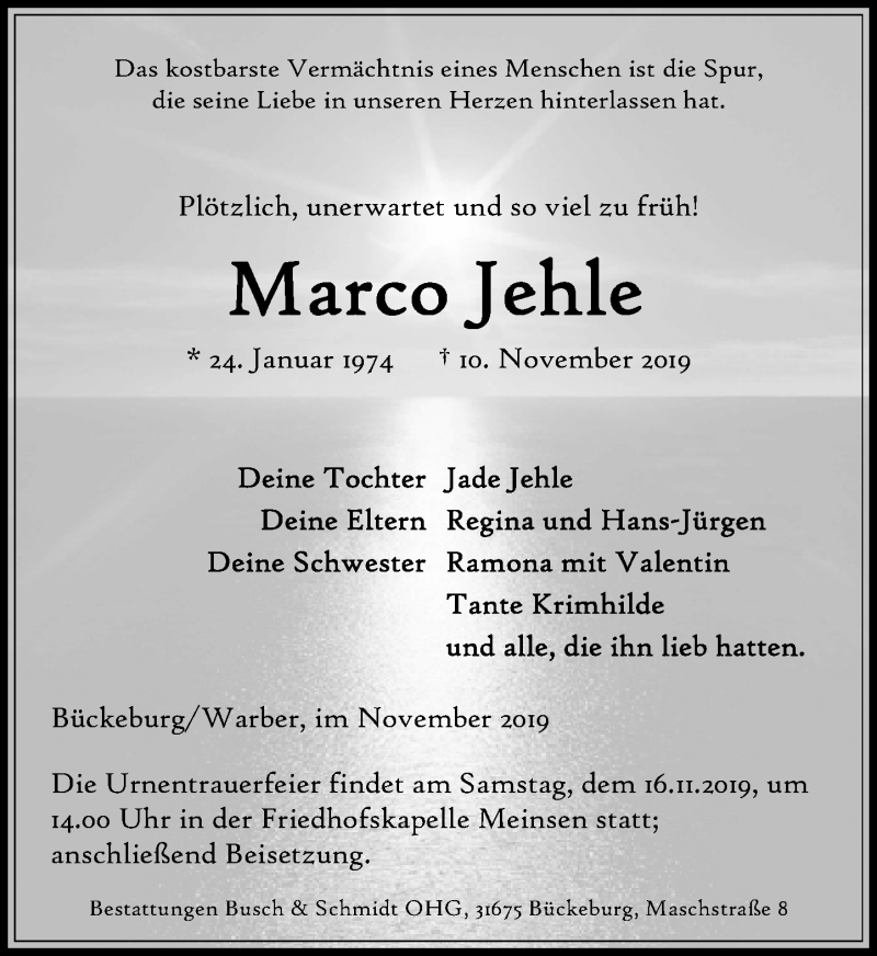  Traueranzeige für Marco Jehle vom 13.11.2019 aus Schaumburger Nachrichten