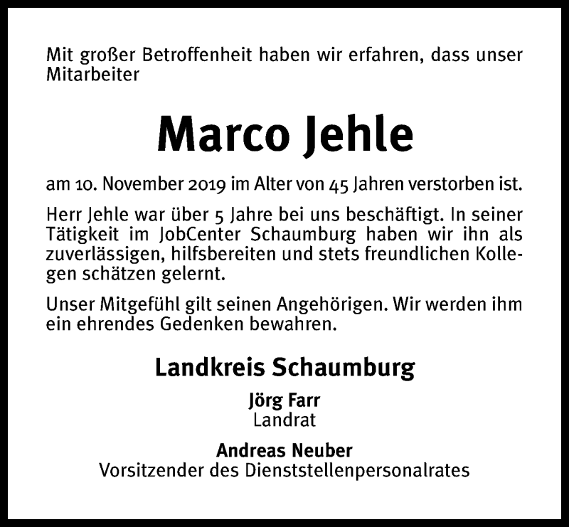  Traueranzeige für Marco Jehle vom 15.11.2019 aus Schaumburger Nachrichten