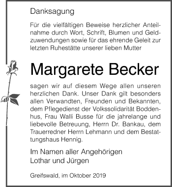 Traueranzeige von Margarete Becker von Ostsee-Zeitung GmbH