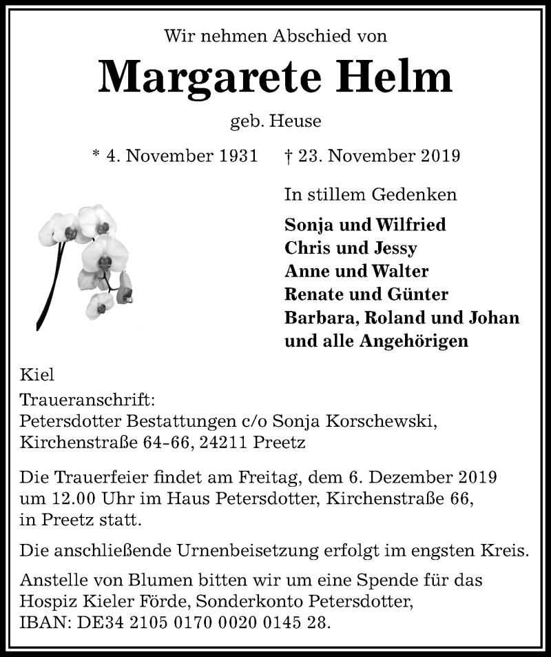  Traueranzeige für Margarete Helm vom 30.11.2019 aus Kieler Nachrichten