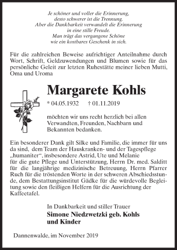 Traueranzeige von Margarete Kohls von Märkischen Allgemeine Zeitung