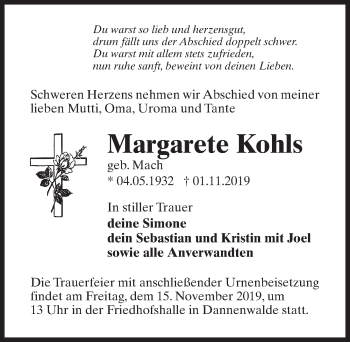 Traueranzeige von Margarete Kohls von Märkischen Allgemeine Zeitung