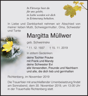 Traueranzeige von Margitta Müllwer von Ostsee-Zeitung GmbH