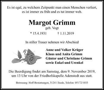 Traueranzeige von Margot Grimm von Peiner Allgemeine Zeitung