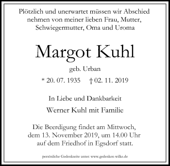 Traueranzeige von Margot Kuhl von Märkischen Allgemeine Zeitung