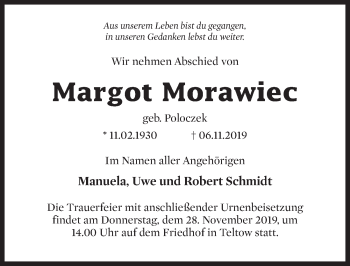 Traueranzeige von Margot Morawiec von Märkischen Allgemeine Zeitung