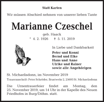 Traueranzeige von Marianne Czeschel von Kieler Nachrichten