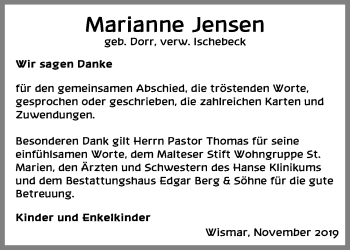 Traueranzeige von Marianne Jensen von Ostsee-Zeitung GmbH