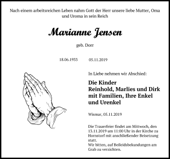 Traueranzeige von Marianne Jensen von Ostsee-Zeitung GmbH