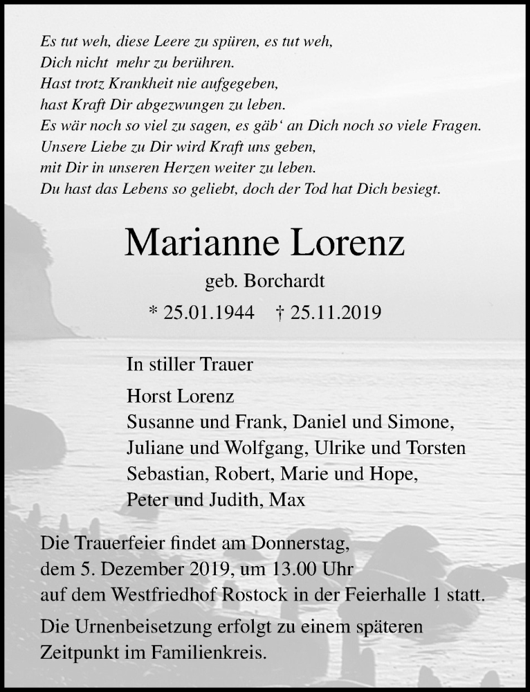  Traueranzeige für Marianne Lorenz vom 30.11.2019 aus Ostsee-Zeitung GmbH