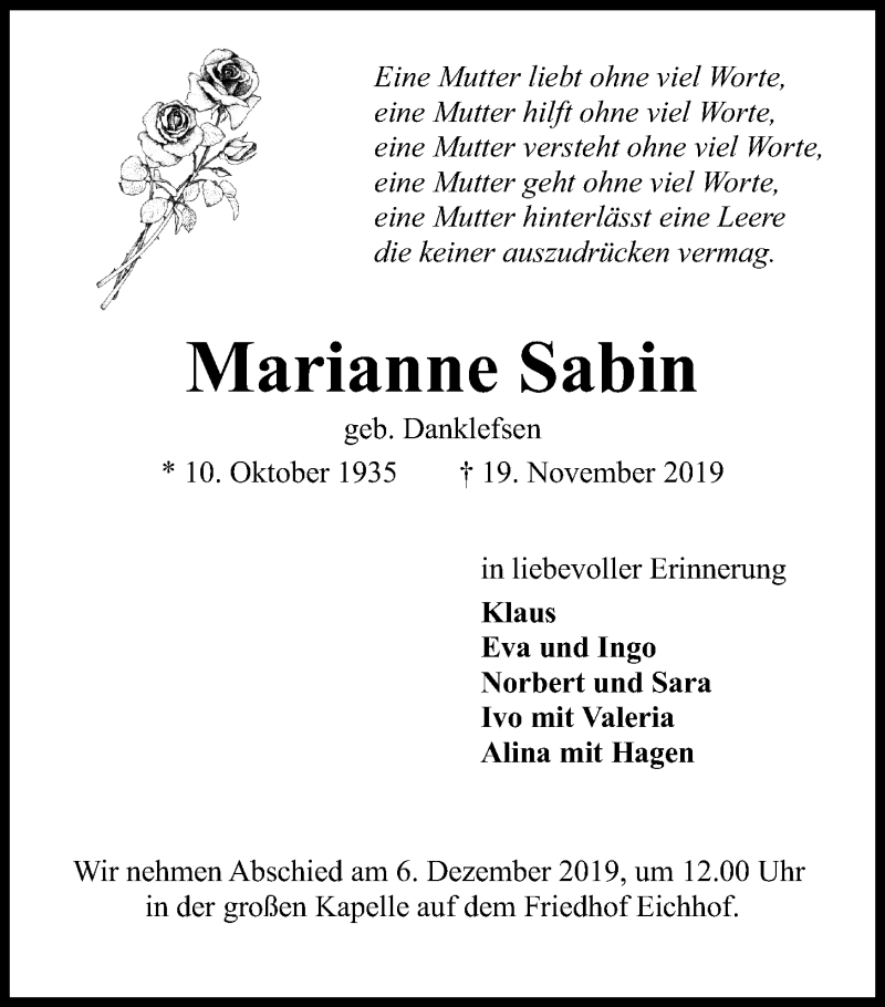  Traueranzeige für Marianne Sabin vom 30.11.2019 aus Kieler Nachrichten