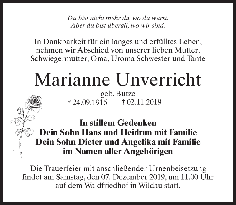 Traueranzeigen Von Marianne Unverricht Trauer Anzeigende 