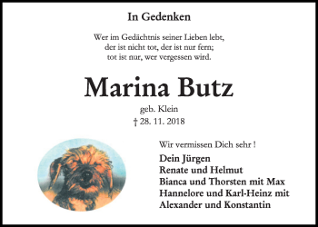 Traueranzeige von Marina Butz von Kieler Nachrichten