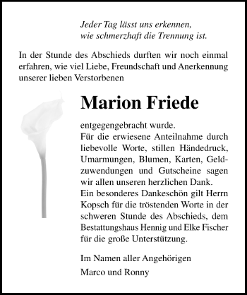 Traueranzeige von Marion Friede von Ostsee-Zeitung GmbH