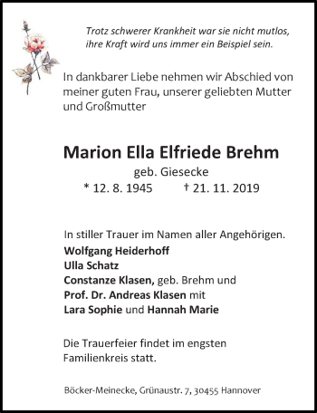 Traueranzeige von Marion Ella Elfriede Brehm von Hannoversche Allgemeine Zeitung/Neue Presse