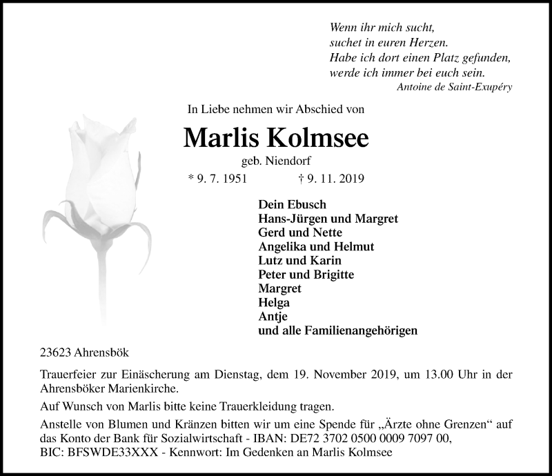  Traueranzeige für Marlis Kolmsee vom 13.11.2019 aus Lübecker Nachrichten