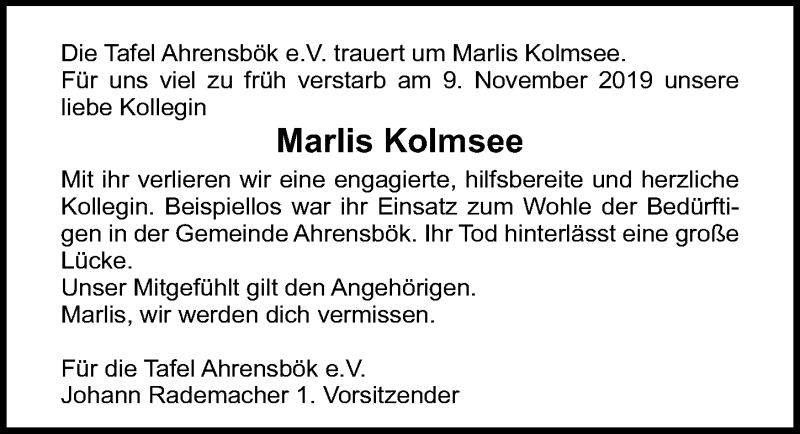  Traueranzeige für Marlis Kolmsee vom 15.11.2019 aus Lübecker Nachrichten