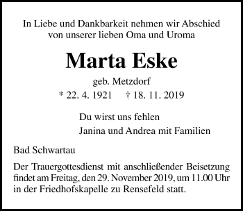 Traueranzeige von Marta Eske von Lübecker Nachrichten