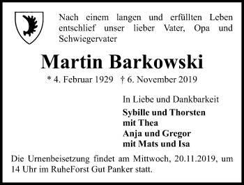 Traueranzeige von Martin Barkowski von Kieler Nachrichten