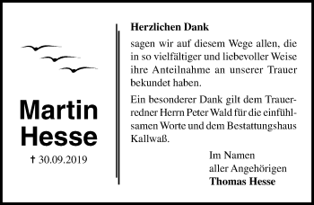 Traueranzeige von Martin Hesse von Ostsee-Zeitung GmbH