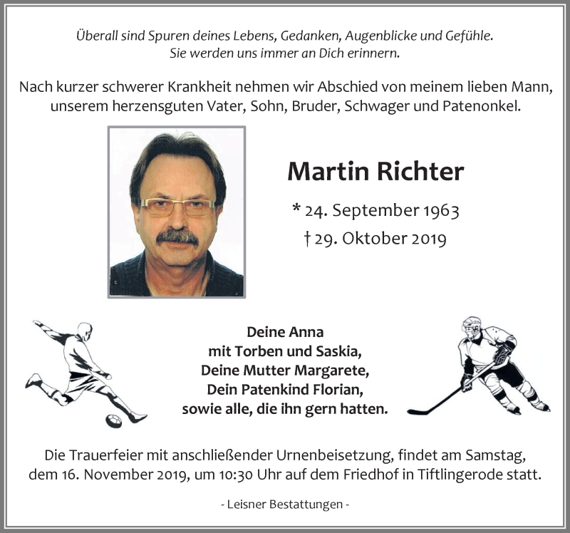 Traueranzeige für Martin Richter vom 09.11.2019 aus Eichsfelder Tageblatt