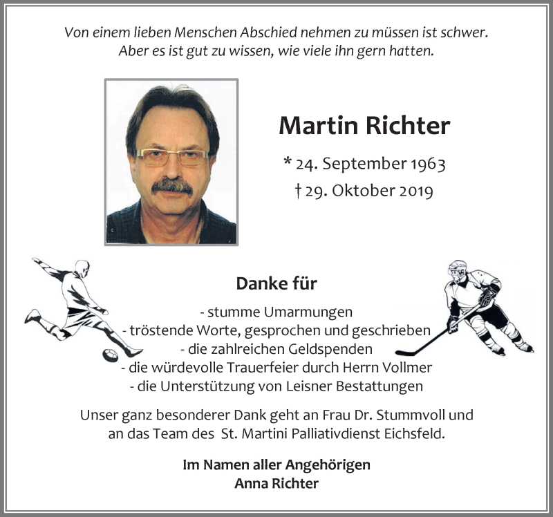  Traueranzeige für Martin Richter vom 30.11.2019 aus Eichsfelder Tageblatt