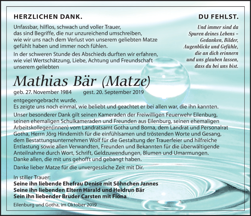  Traueranzeige für Mathias Bär vom 02.11.2019 aus Leipziger Volkszeitung