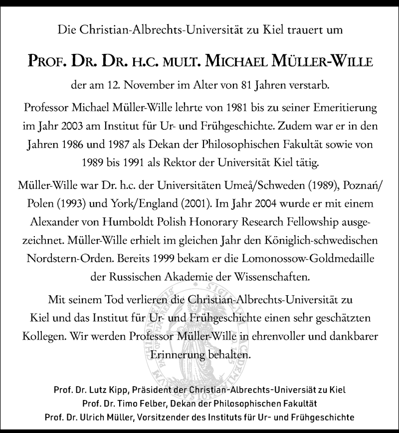  Traueranzeige für Michael Müller-Wille vom 16.11.2019 aus Kieler Nachrichten