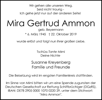 Traueranzeige von Mira Gertrud Ammon von Lübecker Nachrichten