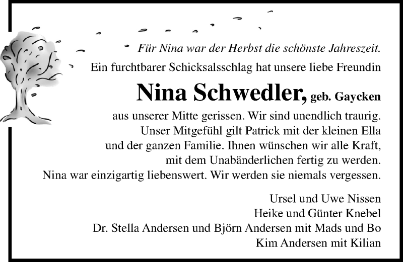  Traueranzeige für Nina Schwedler vom 10.11.2019 aus Lübecker Nachrichten
