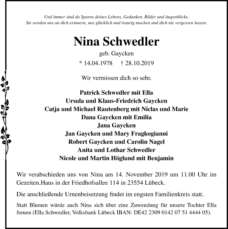  Traueranzeige für Nina Schwedler vom 10.11.2019 aus Lübecker Nachrichten