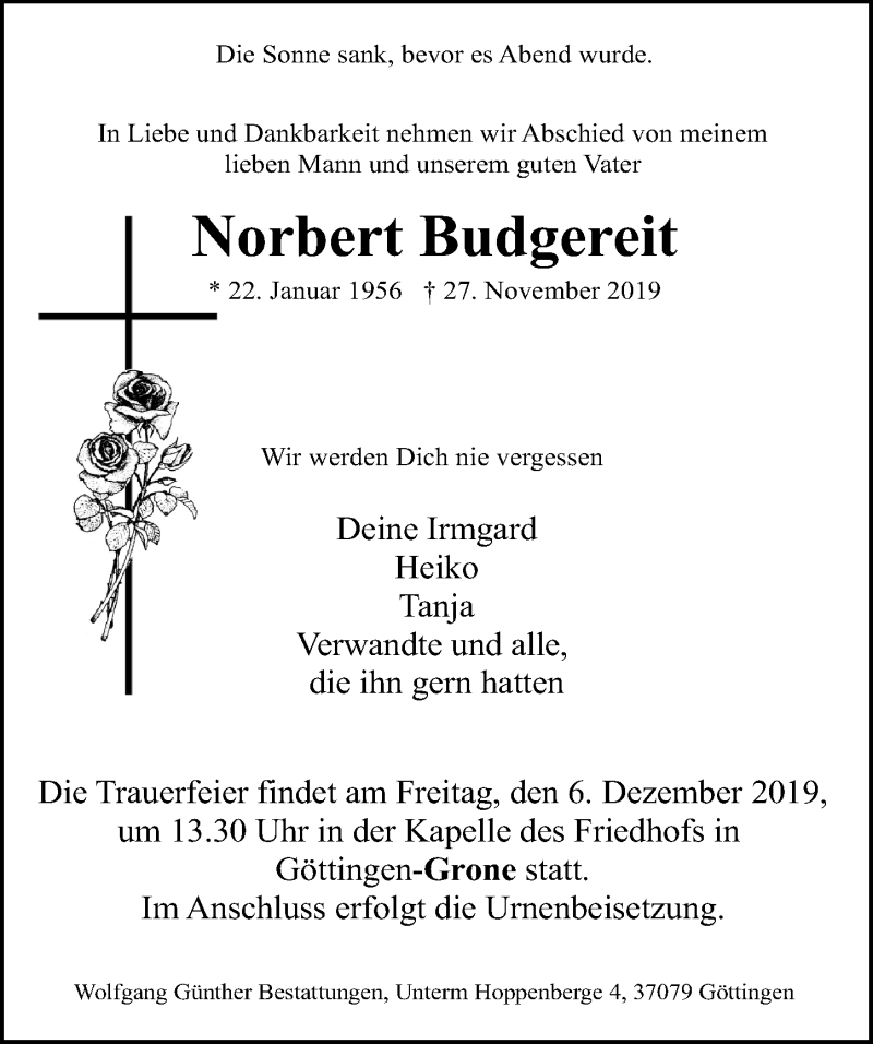  Traueranzeige für Norbert Budgereit vom 30.11.2019 aus Göttinger Tageblatt