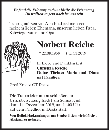 Traueranzeige von Norbert Reiche von Märkischen Allgemeine Zeitung
