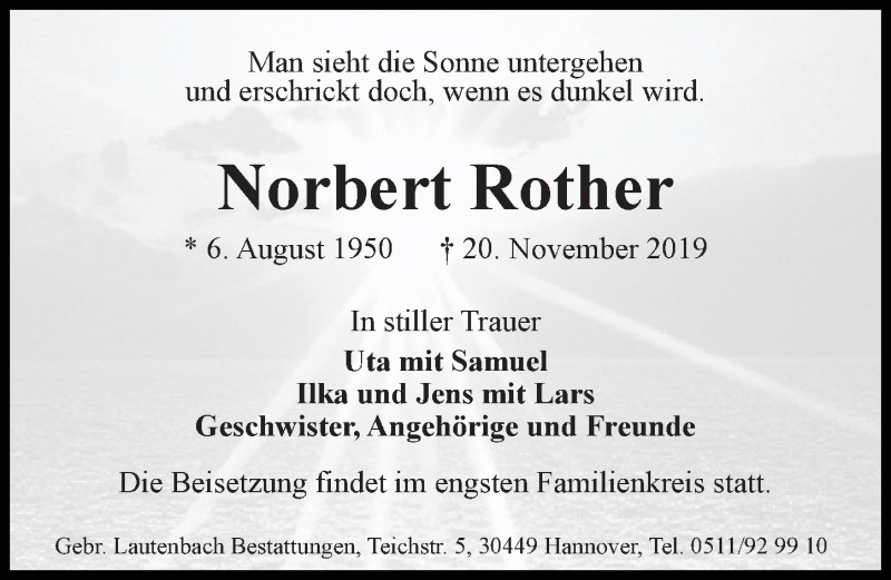  Traueranzeige für Norbert Rother vom 30.11.2019 aus Hannoversche Allgemeine Zeitung/Neue Presse