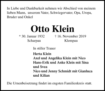 Traueranzeige von Otto Klein von Lübecker Nachrichten