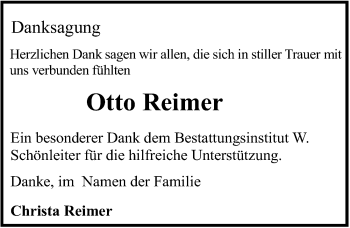 Traueranzeige von Otto Reimer von Ostsee-Zeitung GmbH