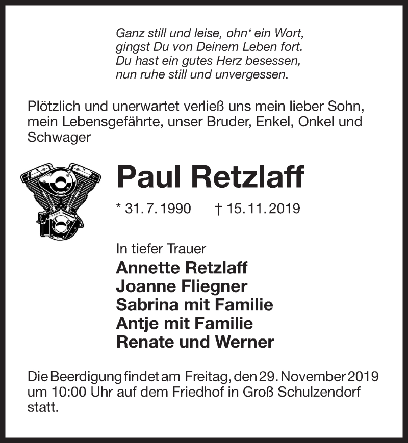  Traueranzeige für Paul Retzlaff vom 27.11.2019 aus Märkischen Allgemeine Zeitung