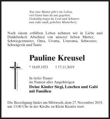 Traueranzeige von Pauline Kreusel von Märkischen Allgemeine Zeitung