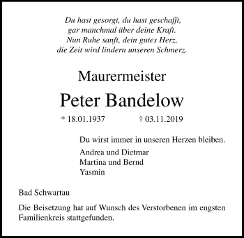 Traueranzeige von Peter Bandelow von Lübecker Nachrichten