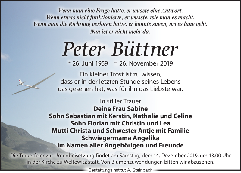  Traueranzeige für Peter Büttner vom 30.11.2019 aus Leipziger Volkszeitung