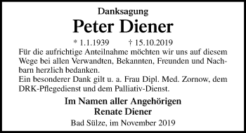 Traueranzeige von Peter Diener von Ostsee-Zeitung GmbH