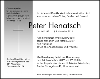 Traueranzeige von Peter Henatsch von Hannoversche Allgemeine Zeitung/Neue Presse