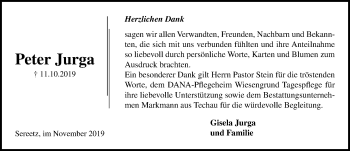 Traueranzeige von Peter Jurga von Lübecker Nachrichten