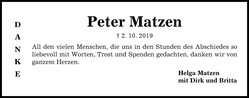  Traueranzeige für Peter Matzen vom 02.11.2019 aus Kieler Nachrichten