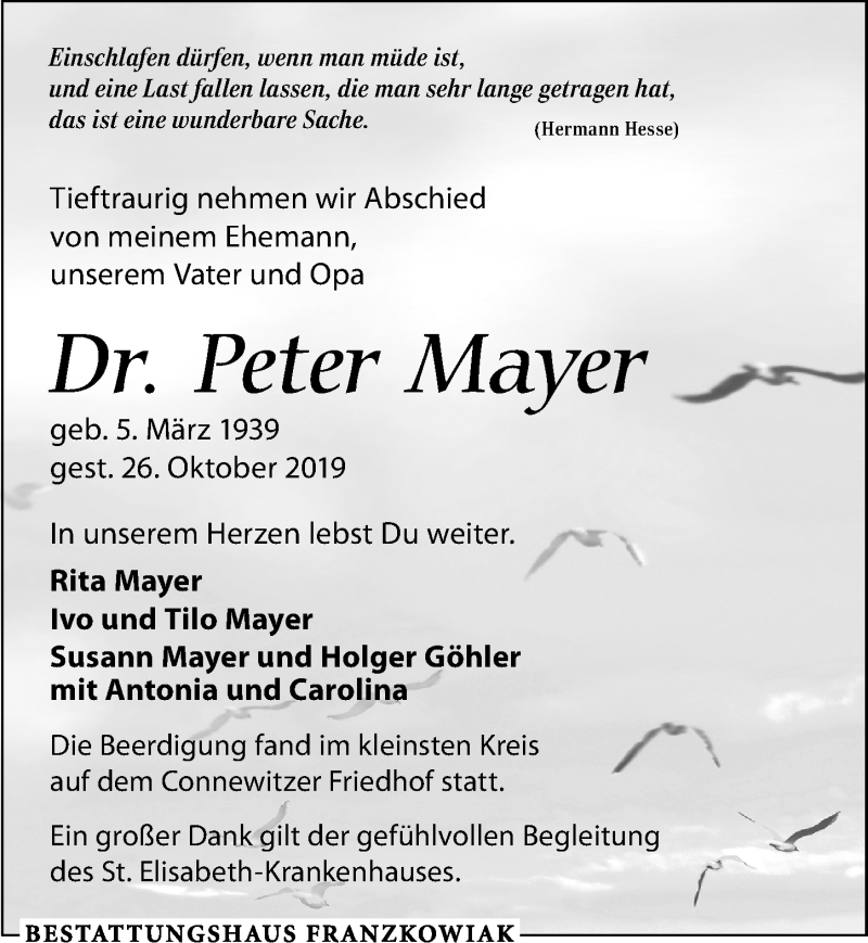  Traueranzeige für Peter Mayer vom 16.11.2019 aus Leipziger Volkszeitung