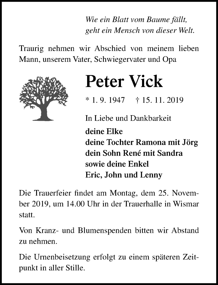  Traueranzeige für Peter Vick vom 20.11.2019 aus Ostsee-Zeitung GmbH